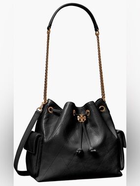 Tory Burch Charlie Black Leather Drawstring Chain-Shoulder Bag Small